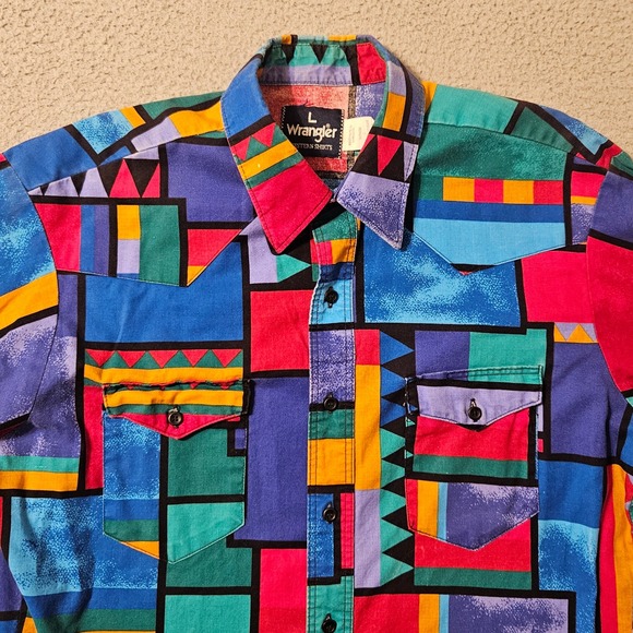 Wrangler Other - Vintage Wrangler Western Shirt Mens Large Multi Color Geometric Block Print 90s
